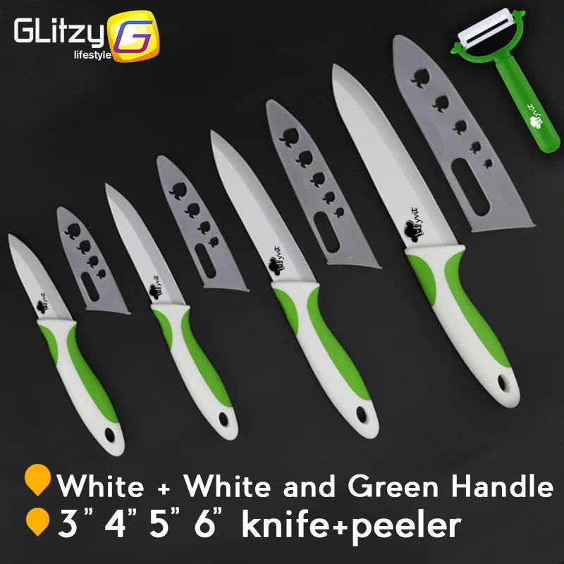 Green White Handle Керамический нож циркониевый кухонный поварской нож Vege Фруктовый нож белое лезвие " 4" " 6" дюймов+ Овощечистка набор для приготовления пищи мягкая Нескользящая ручка - Цвет: Green White Handle