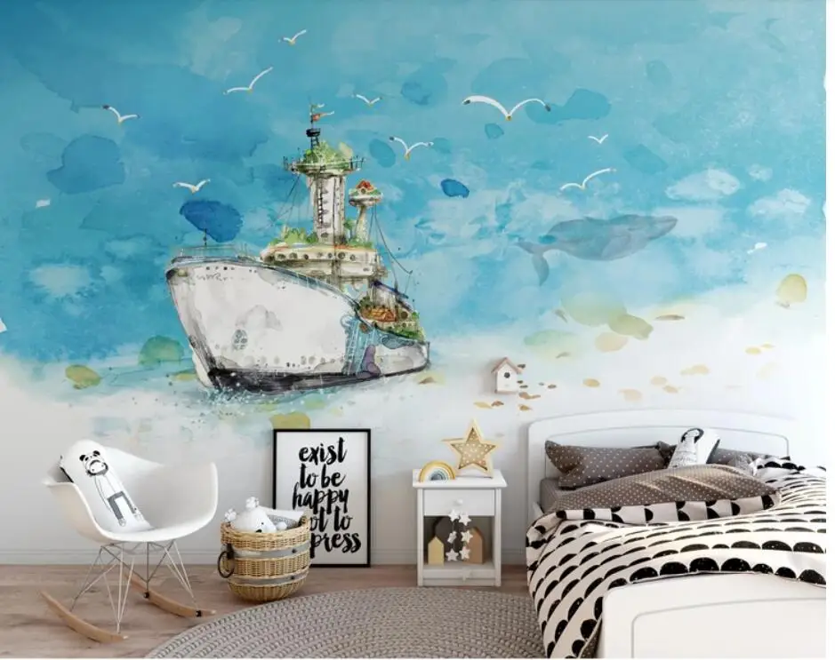 3D детская спальня морской Кит лодка обои роспись искусство Переводные HD фото