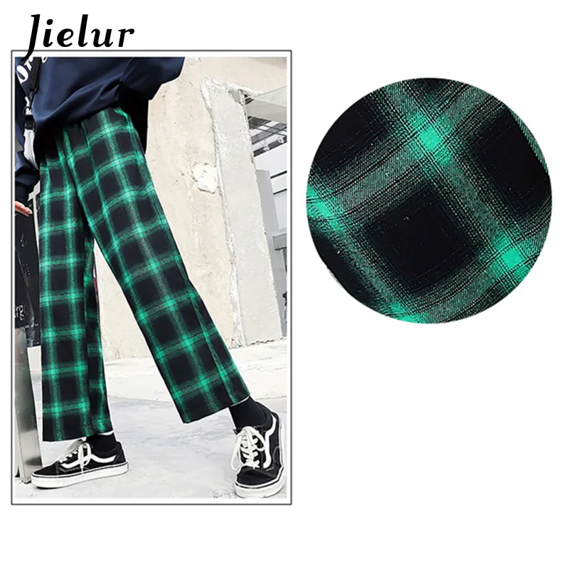 Зеленый Jielur Ulzzang, корейские женские штаны,, Харадзюку, хип-хоп хипстер, свободные широкие штаны, черные клетчатые панталоны, женская уличная одежда, M-XL - Цвет: Зеленый