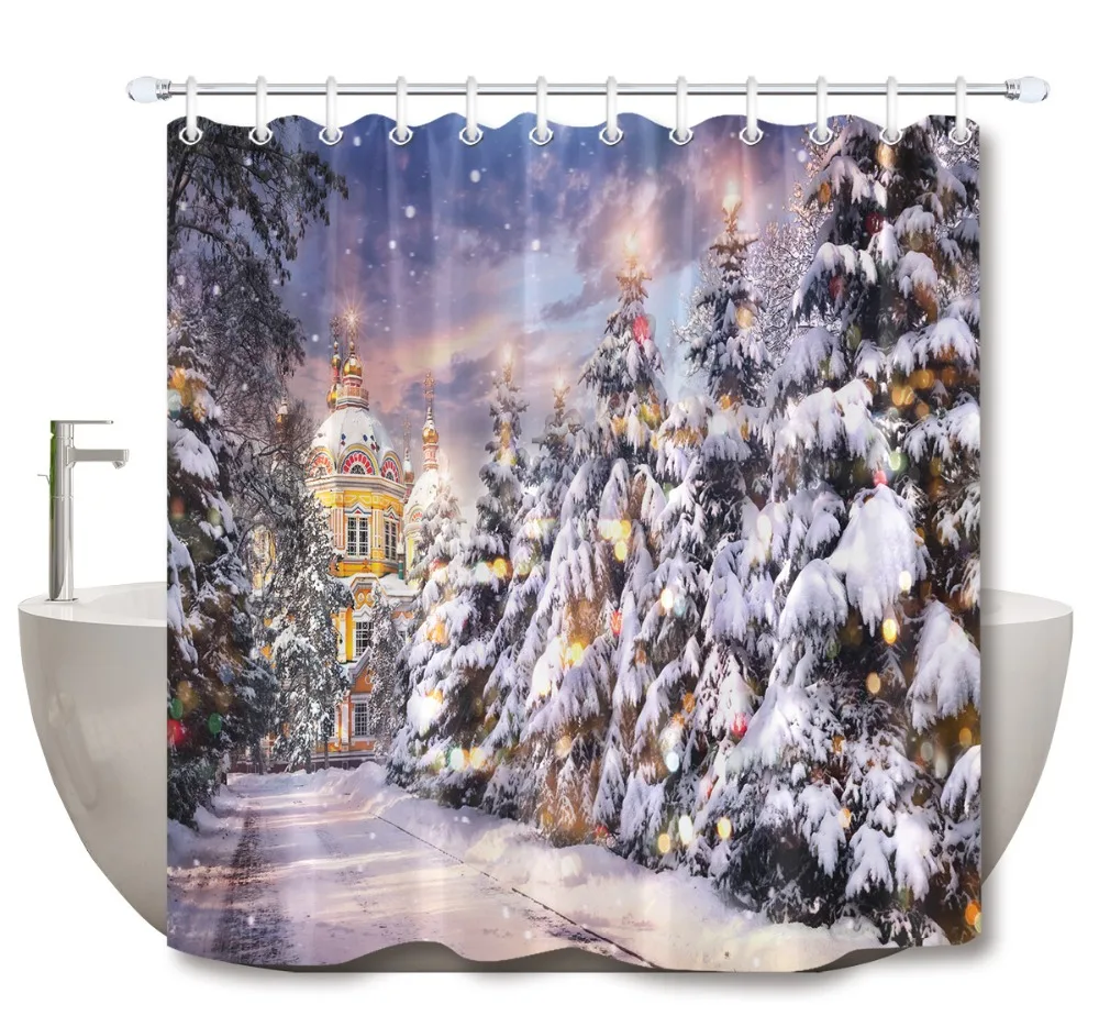 

LB церковь с деревьями в снегопаде на Рождество Зимой душевая занавеска с ковриком набор роскошная ткань для ванной комнаты для декора ванны