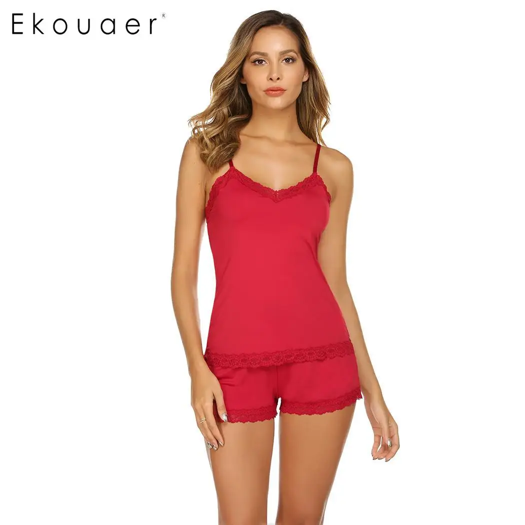 red Ekouaer Women Sexy Spaghetti Strap Lingerie Pajamas Set Lace Patchwork Summer Sleepwear Two Piece Pajama Homewear Suits - Цвет: red