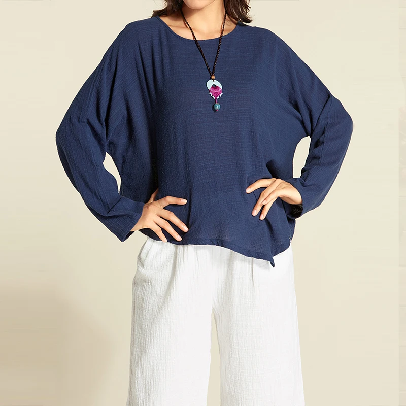 Для женщин из хлопка и льна блузка 2018 Осенняя мода асимметричный подол рубашка с