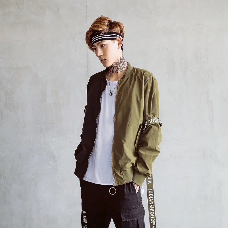 2018 Autumn Korean High Street Brand Men Bomber Jacket Detachable Red Black Green Patchwork Zipper Outwear Youth Student Coat | Мужская