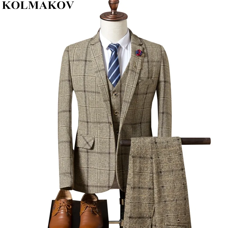 

(Jacket+Pants+Vest) New Men's Business Casual Dress Man Suits Slim Fit Plaid Luxury Suits 4XL 3 Pieces Blazers Dress Suit Pants