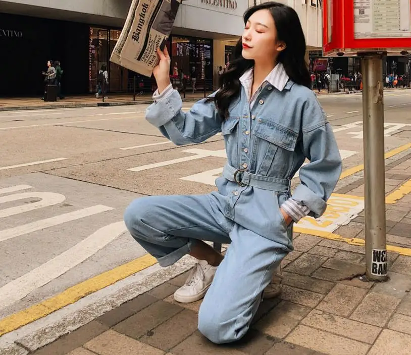 Женские джинсовые комбинезоны на шнуровке туника с высокой талией и длинными