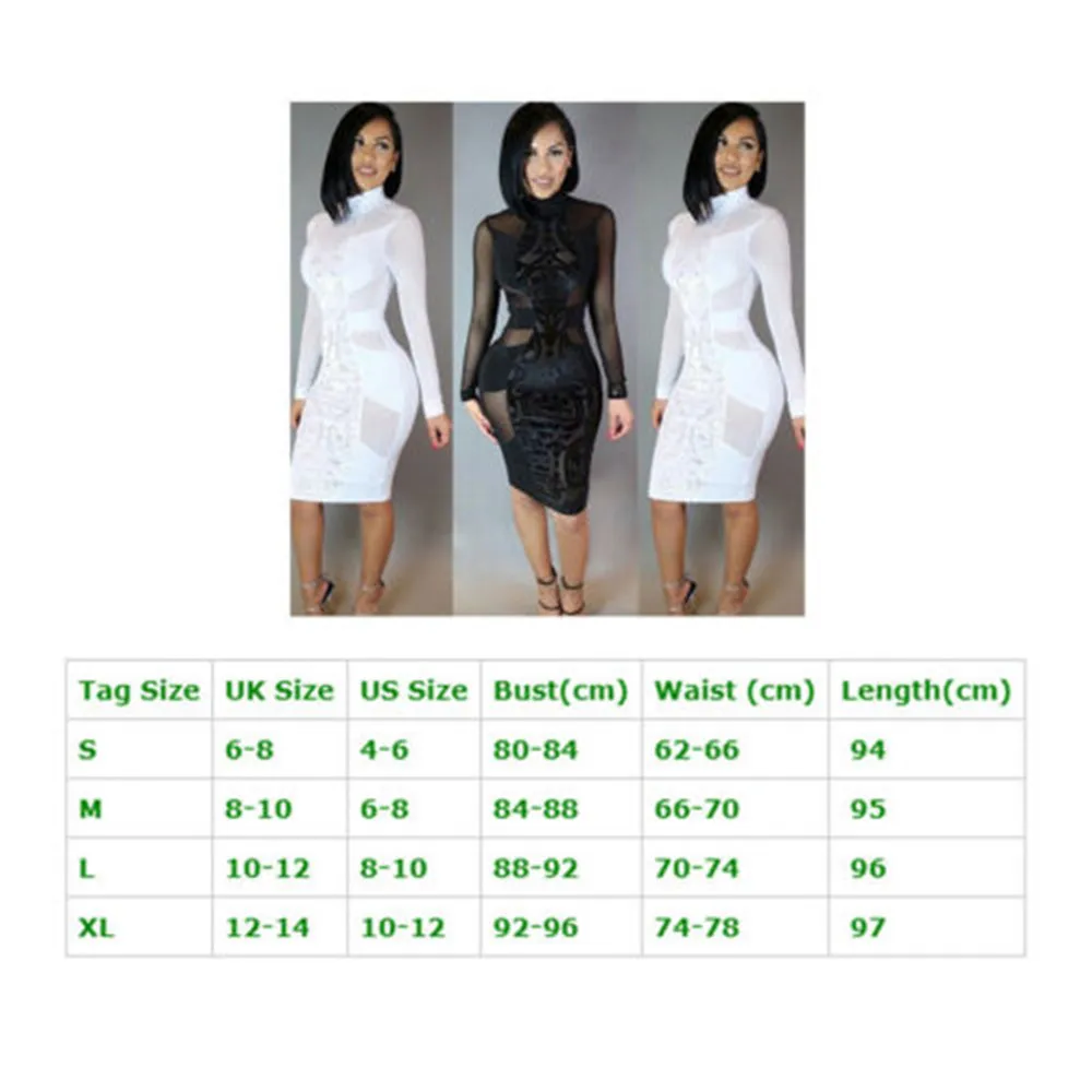 Women Dress Ladies Summer Sexy Fashion Long Sleeve Black Tulle Perspective Bodycon Evening Party Pencil Club 2020 Hot | Женская одежда