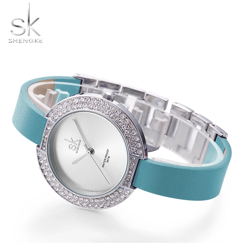 SK новые женские часы со стразами из натуральной кожи Топ люксовый бренд наручные