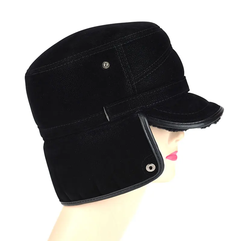 Men's winter flat top thick and durable ear protector artificial leather warm outdoor aviator hat father husband's gif | Аксессуары