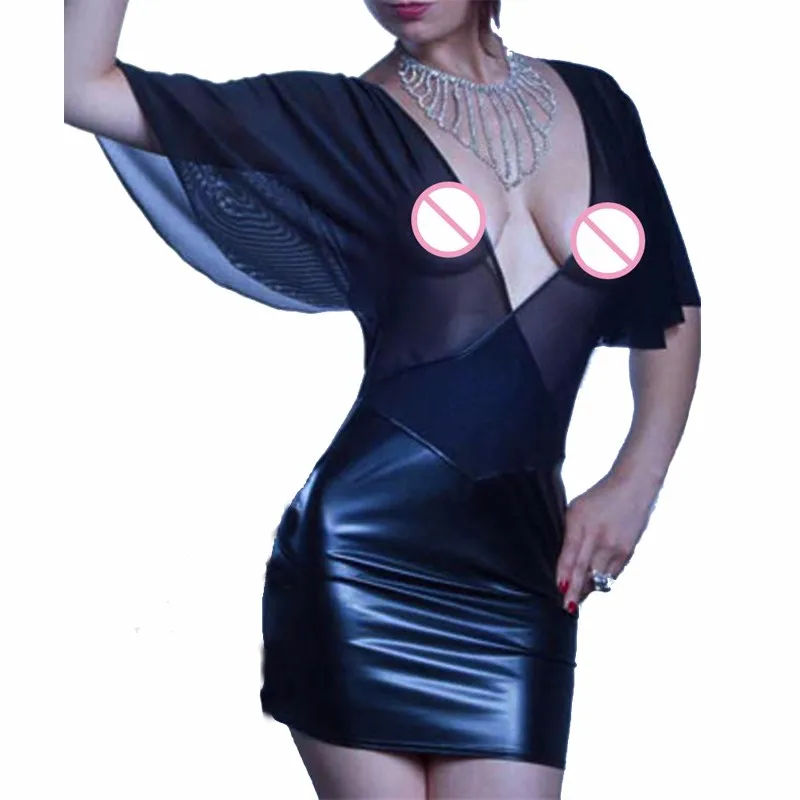 Черное Клубное платье для женщин Сетчатое из винила и кожи в стиле пэчворк