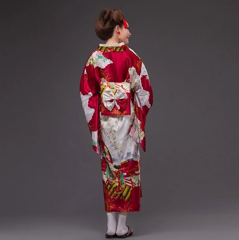 

Burgundy Japanese Style Lady Evening Party Dress Silk Satin Kimono Sexy Yukata With Obi Stage Dance Dress One Size NK006