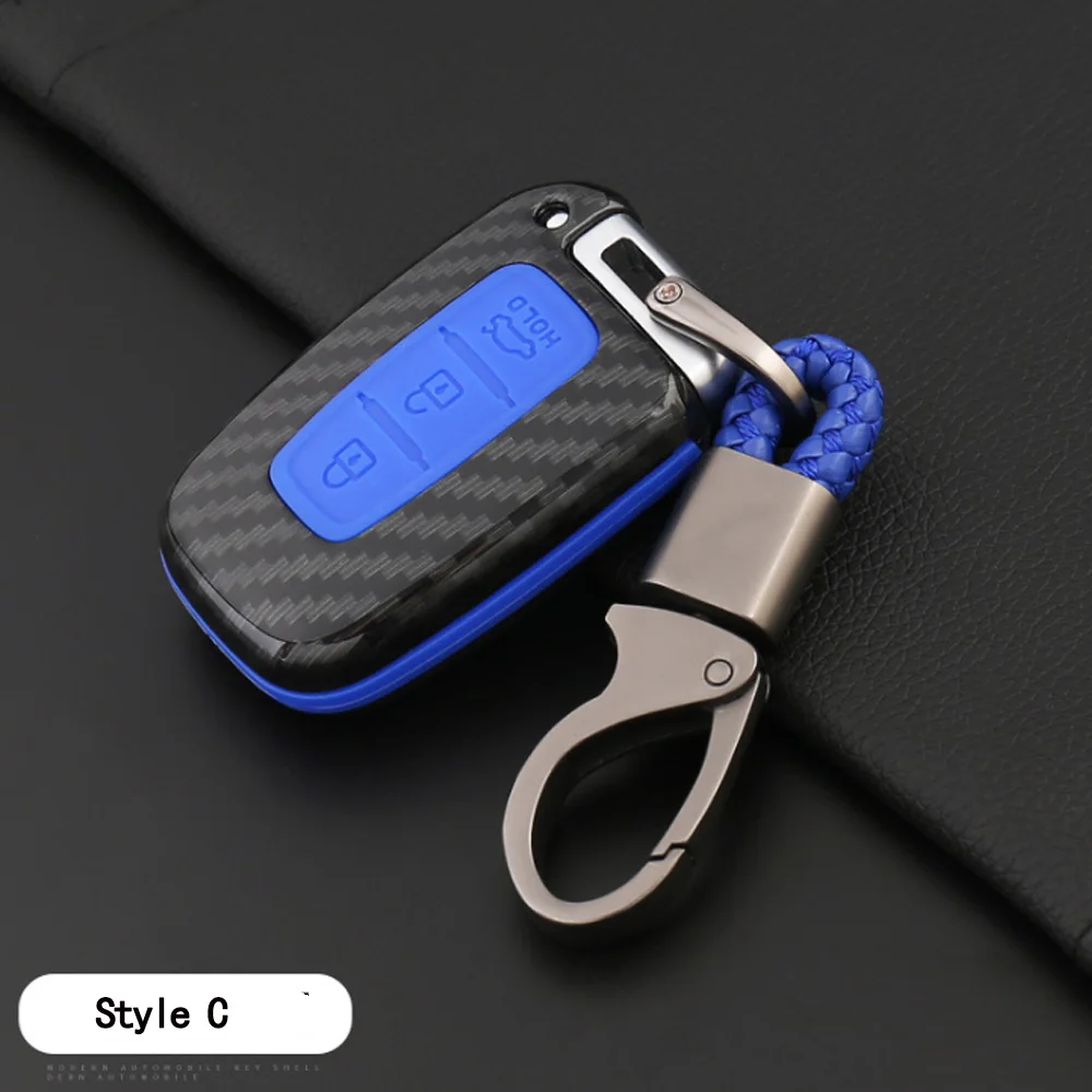 Carbon Fiber Blue C Оболочка из углеродного волокна+ силиконовый чехол для ключей от машины чехол для hyundai Equus Genesis Veloster KIA Sportage Forte Optima Soul Azera Soren - Название цвета: Carbon Fiber Blue C
