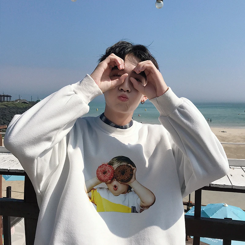 2018 корейский осенний мужской круглый воротник принт Модный пуловер Свободный