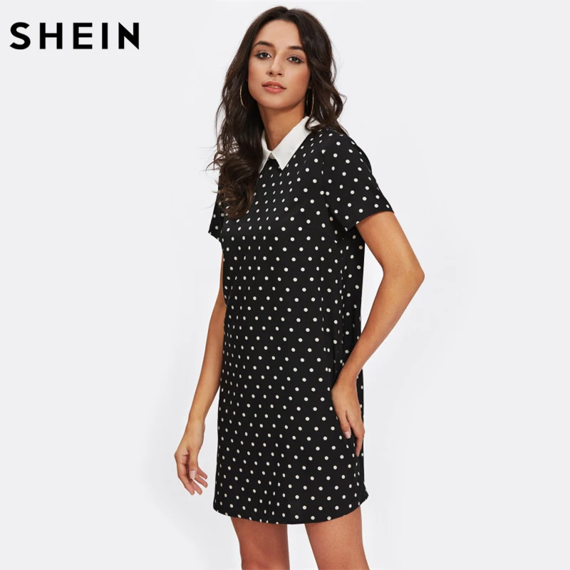 SHEIN Модное Платье С Контрастным Воротником Женское Летнее Черное Повседневное