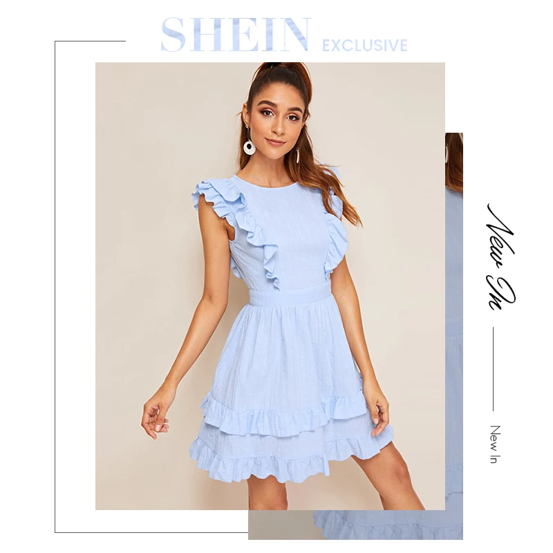 SHEIN сексуальное платье с бантом и многослойной оборкой, с открытой спиной, Пастельное синее женское платье с круглым вырезом и высокой талией, однотонное летнее платье без рукавов