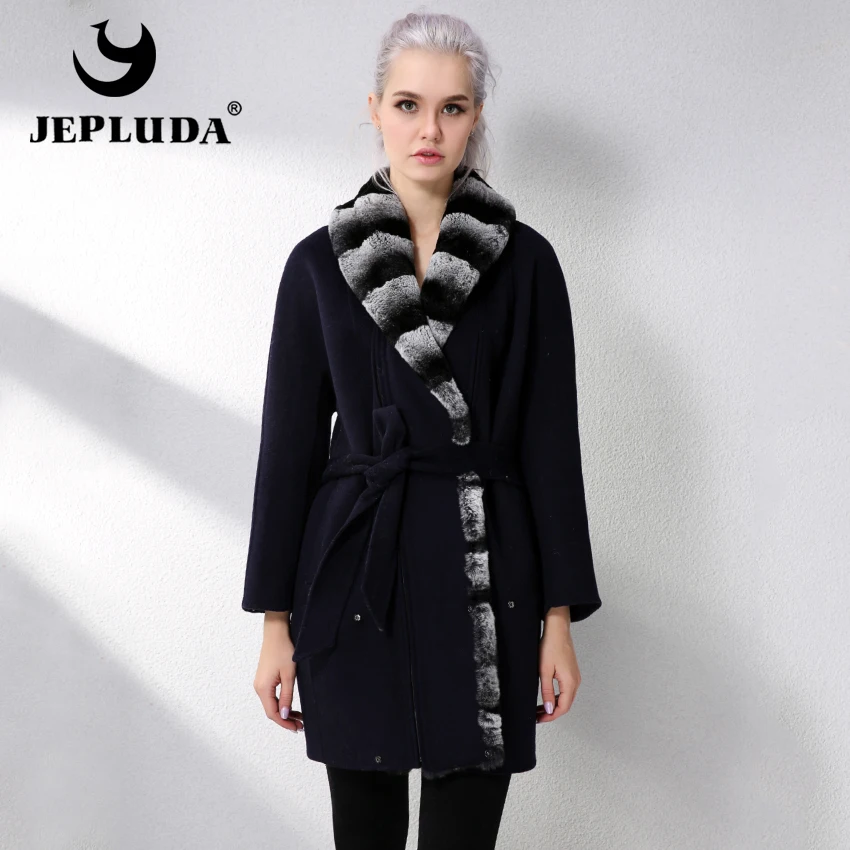 JEPLUDA Fashion Cashmere Coat Women With Genuine Rex Rabbit Fur Lapel Collar winter Real Leather Jacket Women|real fur coat|fur coat genuinefur real