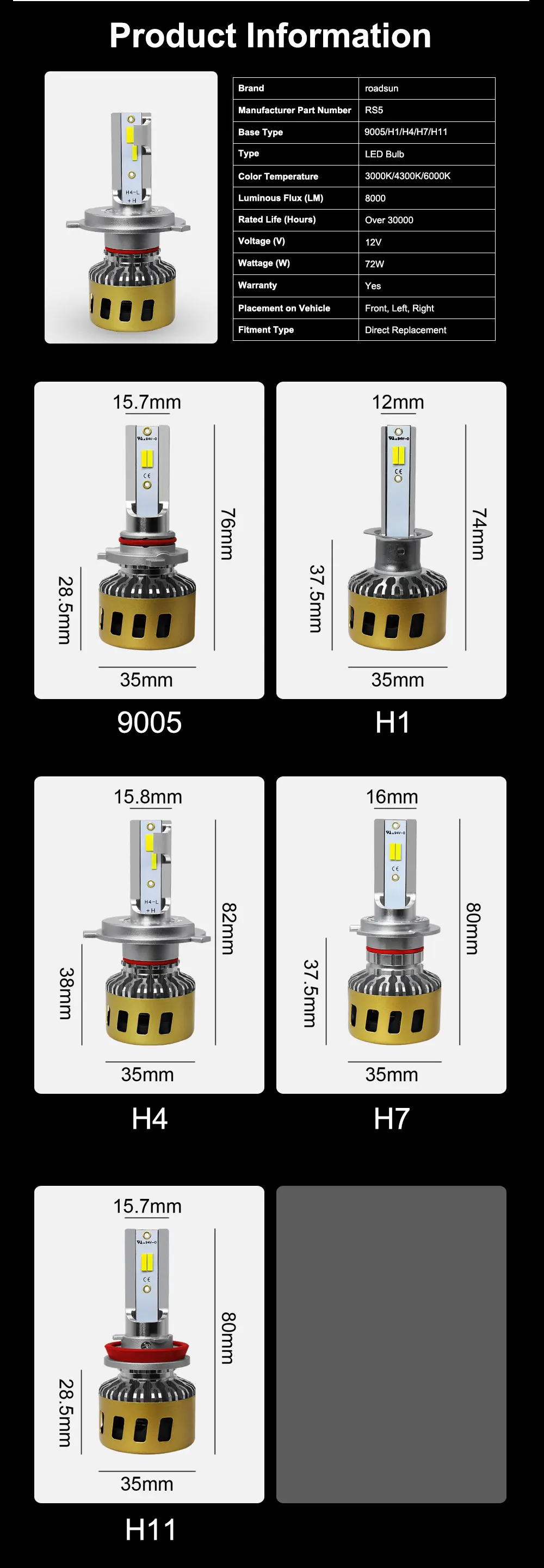 Roadsun лампа для автомобильных фар Светодиодный H7 H4 H11 H1 9005 9006 HB3 светодиодный фонарь 72 Вт 4300 К 3000 К 6000 К автомобильные аксессуары точечная лампа CSP