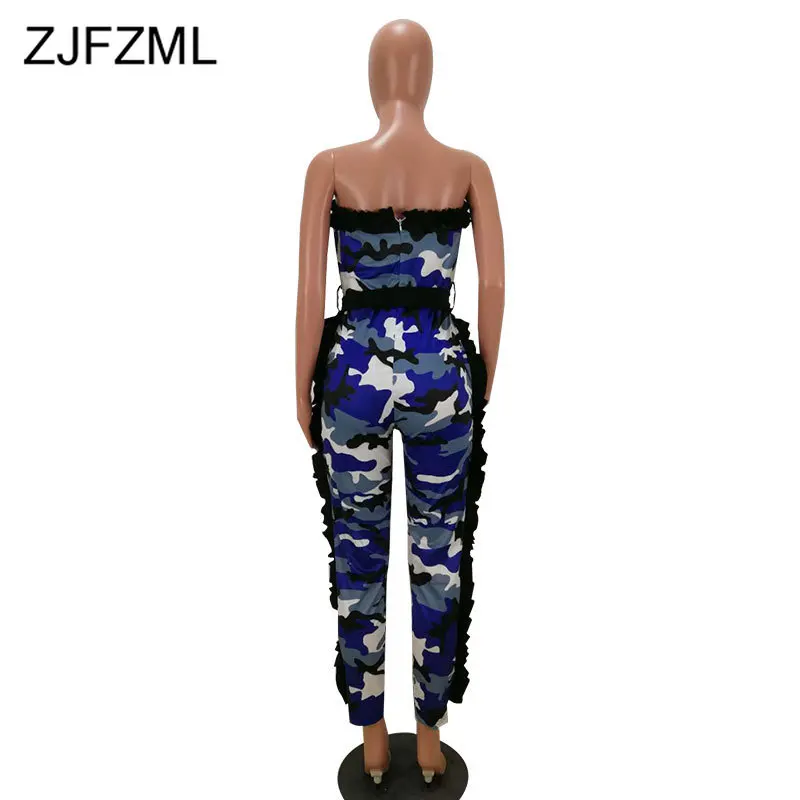 

Camouflage Backless Ruffles Summer Jumpsuit Women Sleeveless Party Club Patchwork Bodycon Overall Sexy High Waist Belt Bodysuit