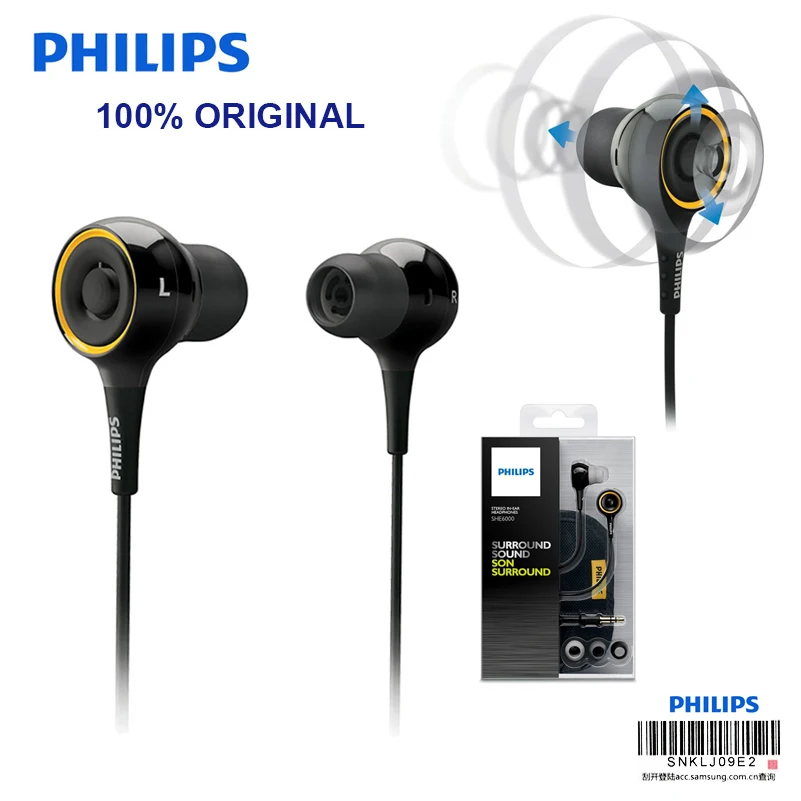Профессиональные наушники Philips SHE6000 Спортивная гарнитура вкладыши для бега xiaomi