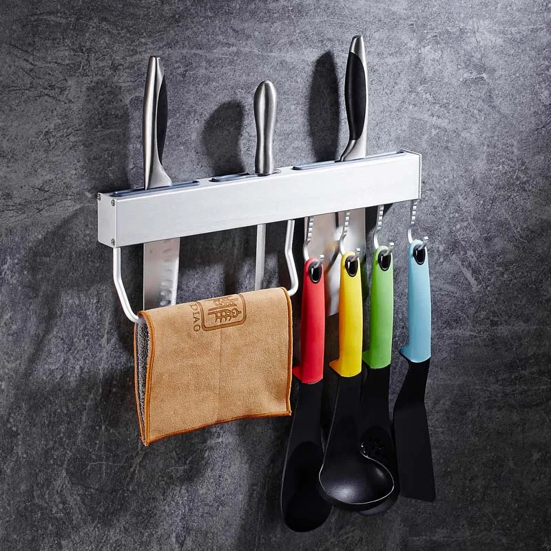 40cm with towel rack BVZ Высокое качество Многофункциональные кухонные принадлежности полка для ножей настенный держатель для инструментов держатель для кухонных ножей с крючками - Цвет: 40cm with towel rack