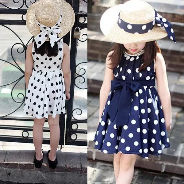 Kids Girls Polka Dot Chiffion Sundress Toddler Tunic Bowknot Belt Dress | Детская одежда и обувь