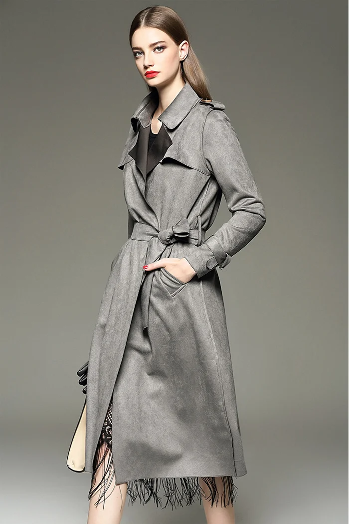 New Autumn Suede Trench Coat Women Mujer Long Elegant Outwear Female Overcoat Slim Red Suede Cardigan Trench