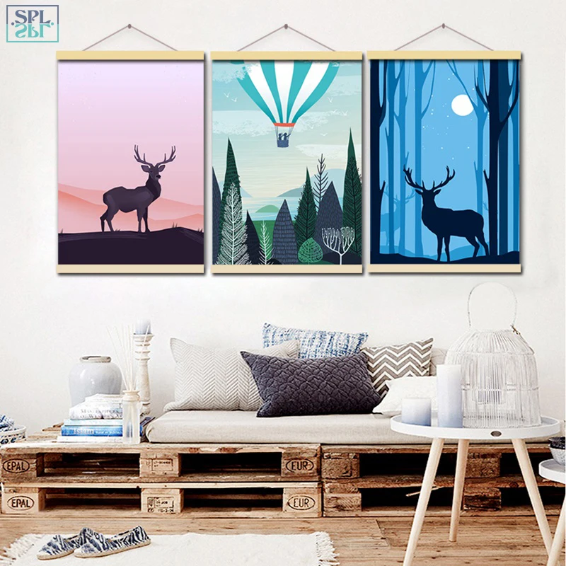 SPLSPL скандинавский олень Ночной Пейзаж Плакат и принты настенная живопись Холст