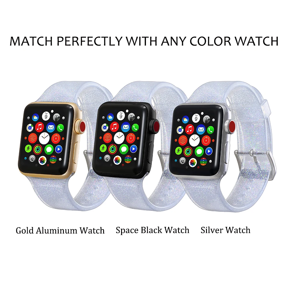 Блестящий силиконовый ремешок для Apple Watch 38mm42mm/40mm44mm замена ремешок для спортивных часов резиновый браслет для iwatch серии 4 3 2 1 часы