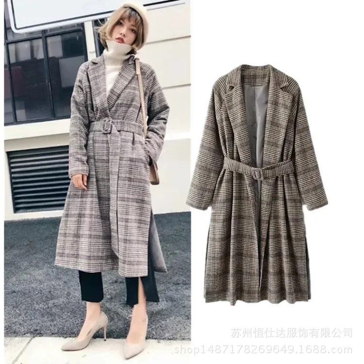 Осенне-зимнее длинное клетчатое пальто Женское шерстяное с разрезом по бокам и