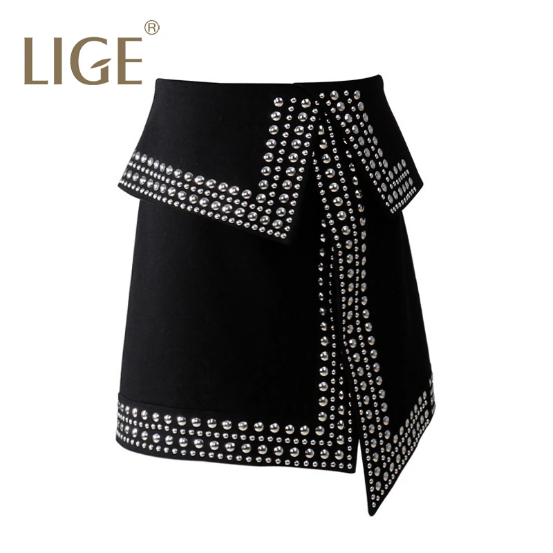 Summer New Ladies A-line Skirts High-waist Patchwork Rivet beaded Asymmetric Split Skirt Above Knee Mini 2019 Fashion | Женская одежда