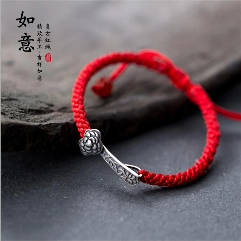 Серебро 925 красная веревка плетение Этническое Искусство RUYI форма модный браслет женские ювелирные изделия популярные продажи S2774