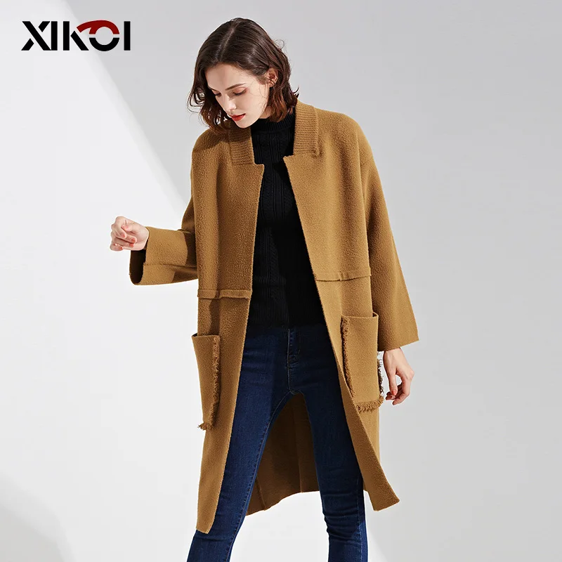 Новый женский кардиган свитера Вязаное пончо Дамы Длинный свитер карман