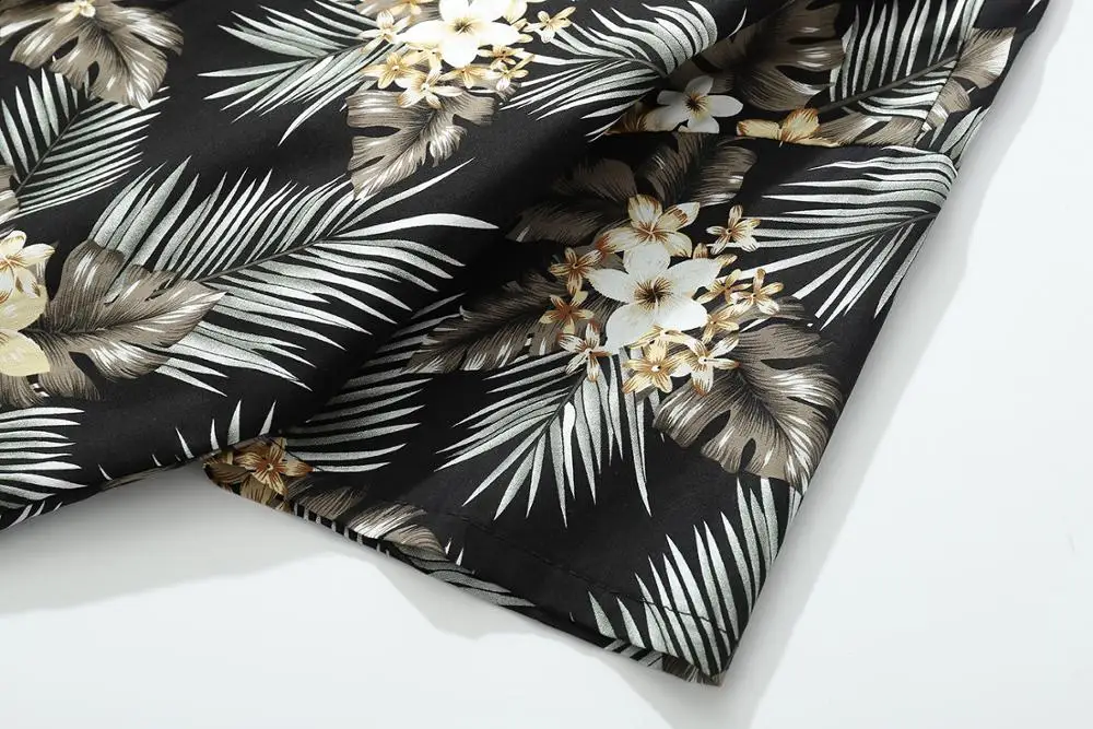 Летние пляжные мужские рубашки с коротким рукавом черные цветочным принтом