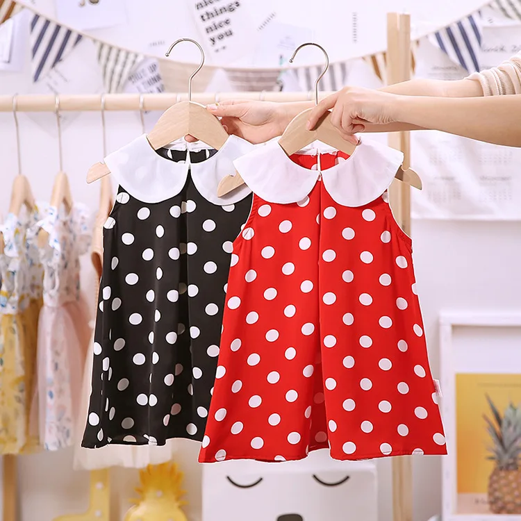 Платье для девочек летнее шифоновое в горошек без рукавов красное черное 2021 |