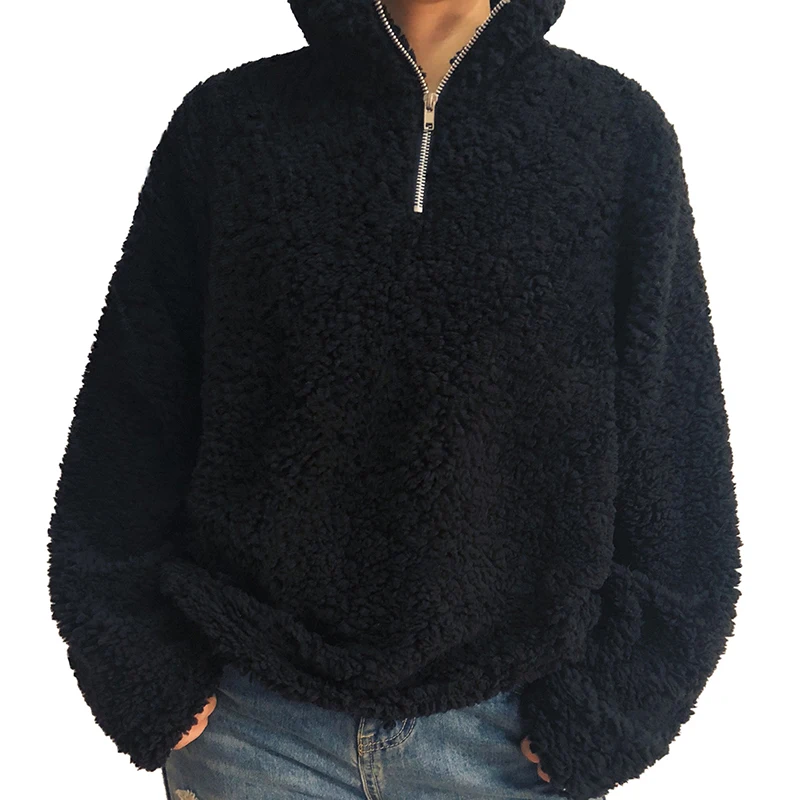 Мода молния Стенд воротник Женский свитшот пуловер осень зима теплый плюш