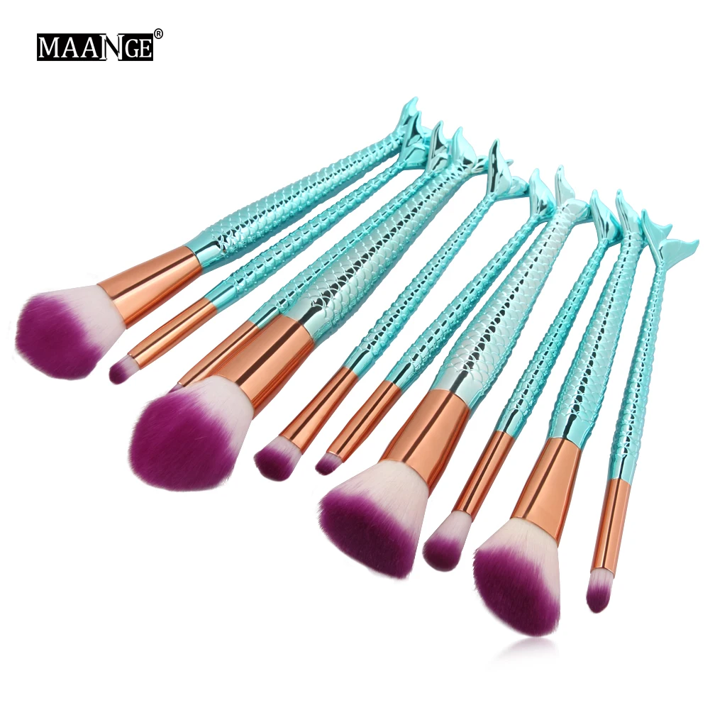 MAANGE 10PCS Mermaid Makeup Brushes Kit Eyebrow Eyeliner Blush Eye Shadow Contour Foundation Brush Set Cosmetic Make Up Tools | Красота и