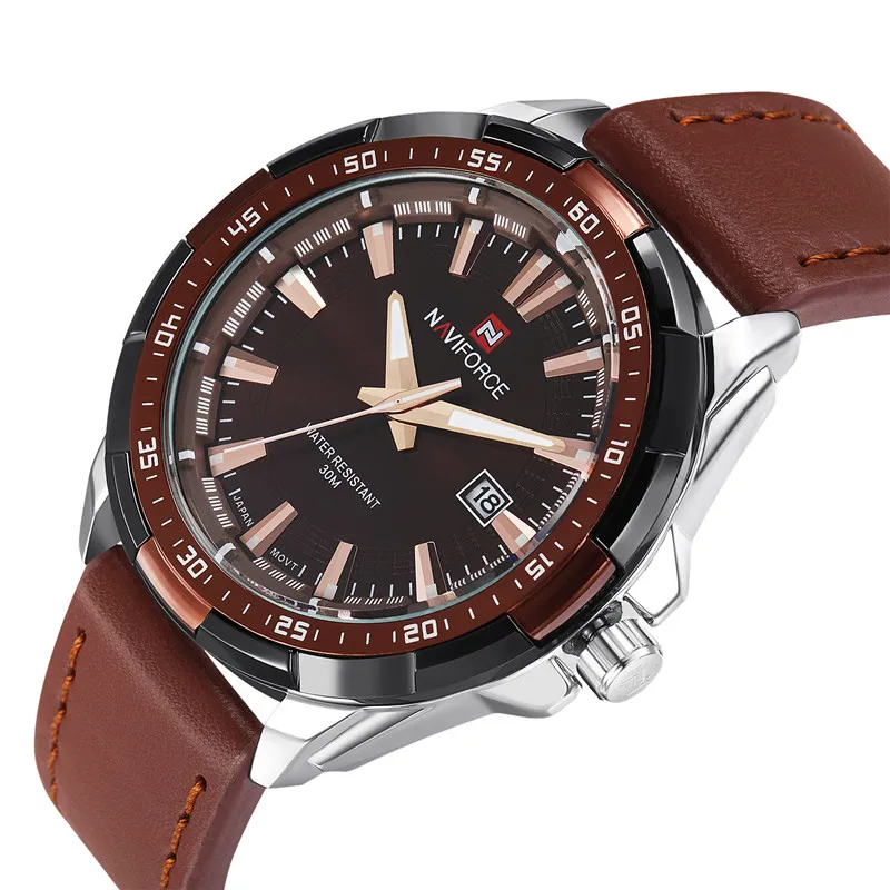 silver brown Бренд NAVIFORCE аналоговые кварцевые часы мужские водонепроницаемые Модные Повседневные спортивные часы мужские кожаные Наручные часы Relogio Masculino - Цвет: silver brown