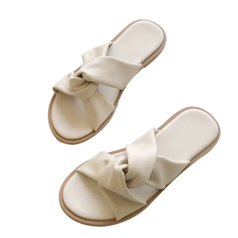 

New Women Sandals Criss Cross Leather Slides Sandals Casual Summer Beach Slippers Open Toe Shoes Solid Cos-tie Flat Sandals
