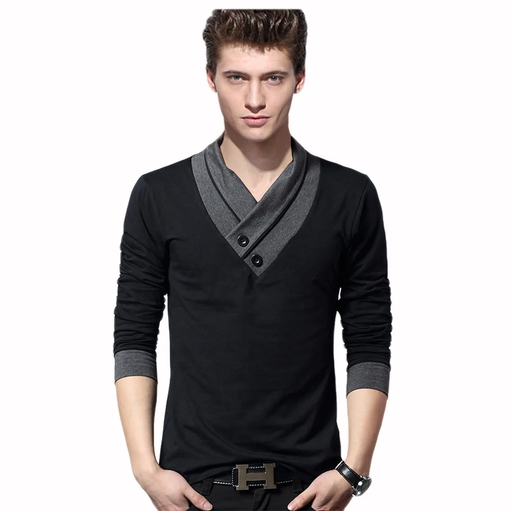 Мужские тянуть футболка осень Повседневное v образным вырезом кнопка рубашки
