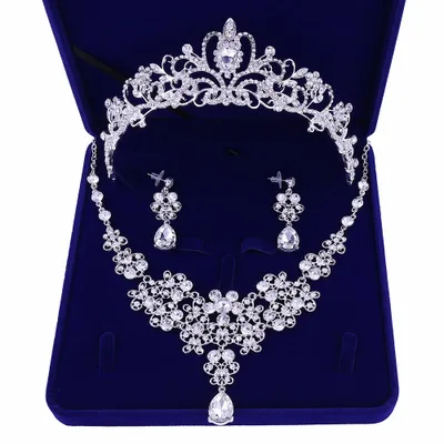 Crown Jewelry set Посеребренные Цветы Кристалл Свадебные Ювелирные наборы корона диадемы эффектное ожерелье серьги Свадебные аксессуары вечерние ювелирные изделия - Окраска металла: Crown Jewelry set
