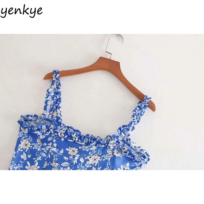 Modis 2019 женский синий цветочный принт укороченный Топ Леди спереди регулируемый