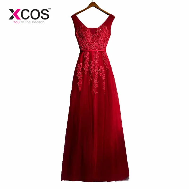 XCOS vestido de festa V образным вырезом красное винтажное кружево с аппликацией и бисером
