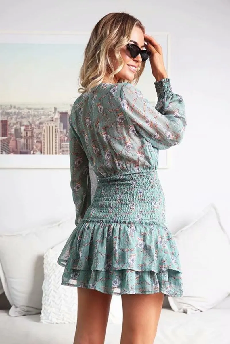 2019 летнее женское зеленое шифоновое платье с цветочным принтом повседневное