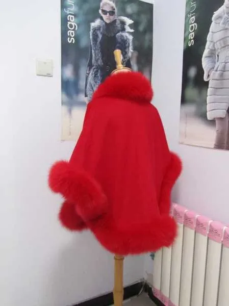 Free shipping red cashmere cape real fox fur trim length 70cm pashmina for women |