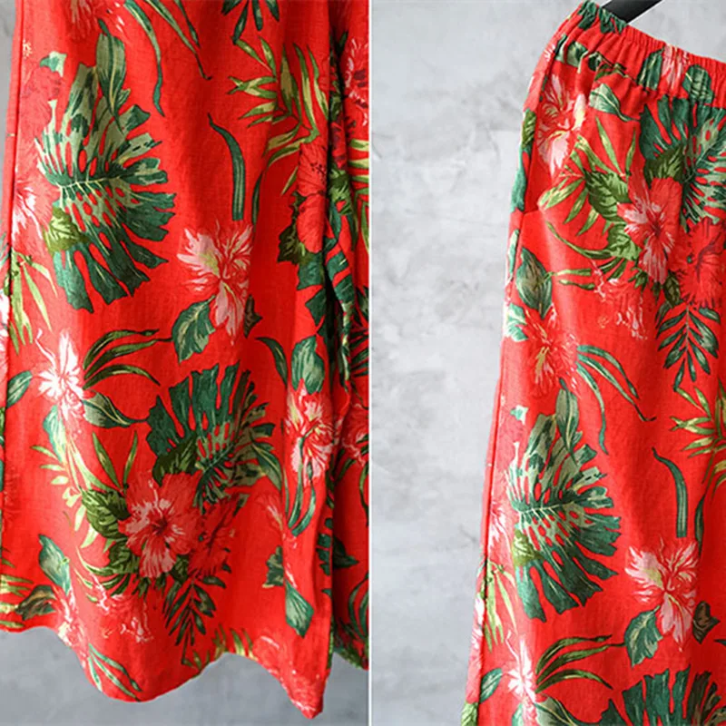 Johnature National Style Women Print Pants New Vintage Loose Fashion 2021 Spring Elastic Waist Linen Straight Calf-Length | Женская