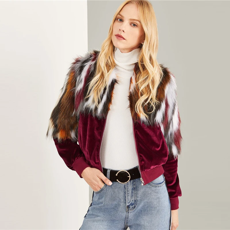 SHEIN Пальто С Контрастным Искусственным Мехом Женское Осеннее Многоцветное Гламурное Пальто С Длинными Рукавами И Стоячим Воротником