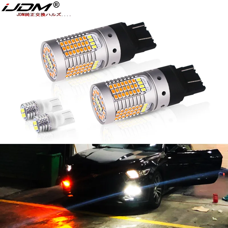 

No Hyper Flash CANBUS Amber/White Dual Color T20 7443 LED Turn Signal Light Bulbs White T10 LED Parking Lights For Ford Mustang
