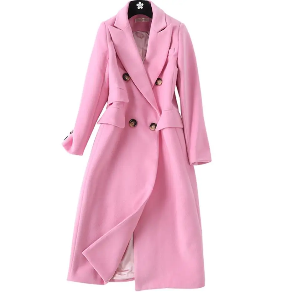 Женское длинное пальто розовое двубортное кашемировое с отложным воротником 2019 |