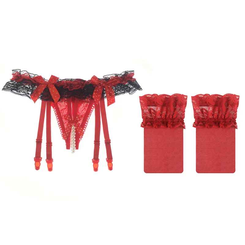 Red With Sotckings Сексуальные кружевные подвязки с поясом с открытой промежностью, трусики для женщин, сексуальное женское белье, женские свадебные подвязки с бантом, чулки до бедра - Цвет: Red With Sotckings