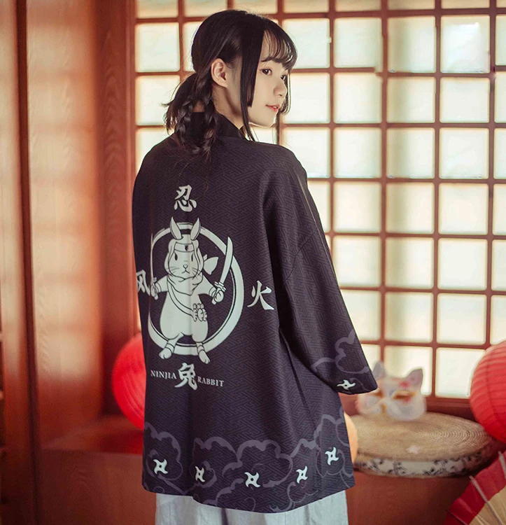 Японский стиль Ninjia Rabb печати кимоно Haori юката мода лето солнцезащитный кардиган пальто для женщин мужчин Ежедневно Косплей пара Топы