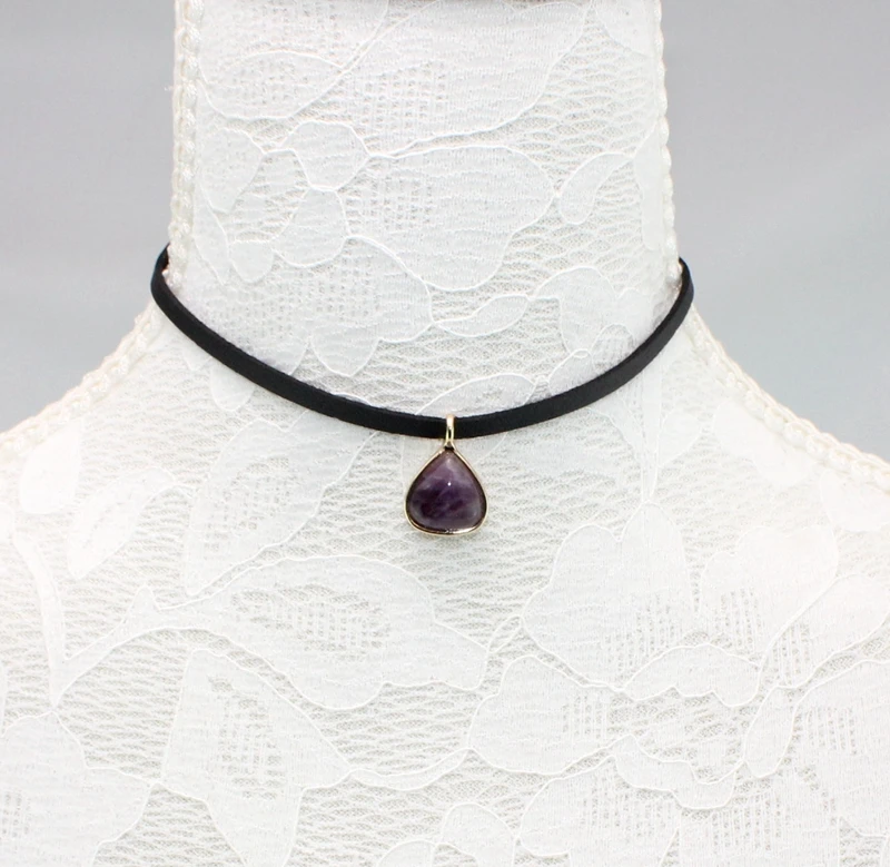 Модное черное ожерелье-чокер из искусственной кожи с натуральными каплями воды и